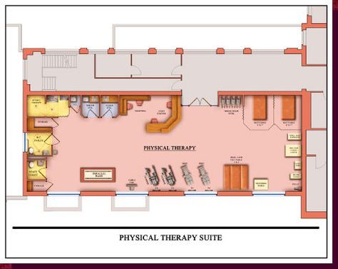 Architectural Rendering & 3D Computer Modeling - Colored Floor Plans - Proposed Rehabilitation Suite: Physical Therapy Close-Up View - Click on Image to View Detail Physical Therapy Floor Plan, Rendered Floor Plan, Therapy Center, Physiotherapy Clinic, Architectural Rendering, Room Planning, Room Flooring, Occupational Therapy, Chiropractic