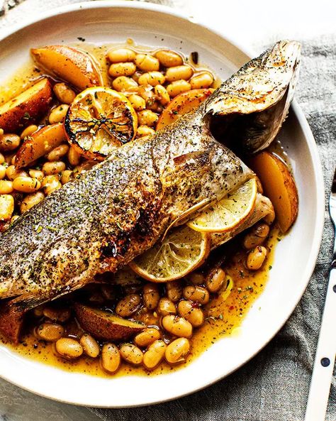 Baked Branzino Recipe, Roasted Branzino, Brothy Beans, Branzino Recipe, Meat Meals, Flavorful Dinner, Tried And True Recipes, Egg Roll Recipes, Lemon Pasta