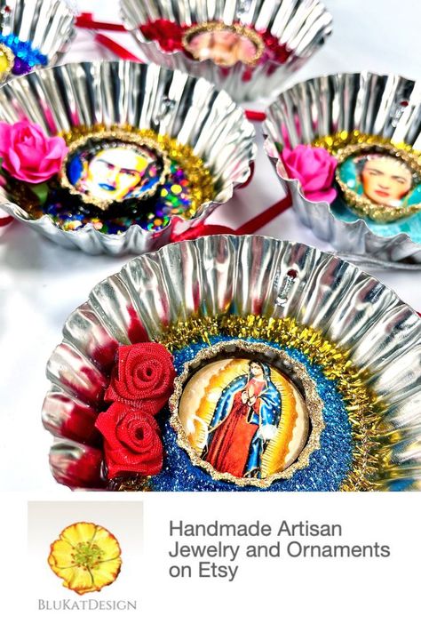 Festive Frida, Mary Ornaments Diy Mexican Decor, Tart Tin Ornaments, Mexico Christmas, Tin Ornaments, Christmas Craft Fair, Mexican Christmas, Diy Jewelry Display, Religious Crafts, Mexican Crafts