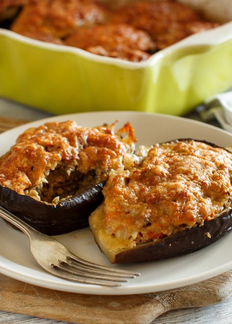 Turkey Stuffed Eggplant, Recipe With Ground Turkey, Eggplant Boats, Italian Lunch, Stuffed Eggplant, Magic Bars, Eggplant Dishes, Baked Cheese, 12 Tomatoes