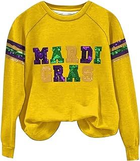 Amazon.com: Mardi Gras Mardi Gras Shirts For Women, Winter Sweaters For Women, Mardi Gras Shirts, Yellow Long Sleeve Shirt, Mardi Gras Outfits, Striped Tops Women, Cotton Shirts Women, White Tunic Tops, Plaid Shirt Women