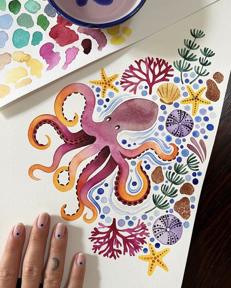 Octopus Diy, Watercolor Art Lessons, Arte Inspo, Arte Sketchbook, 자수 디자인, Art Inspiration Painting, Book Art Drawings, Marker Art, Diy Art Painting