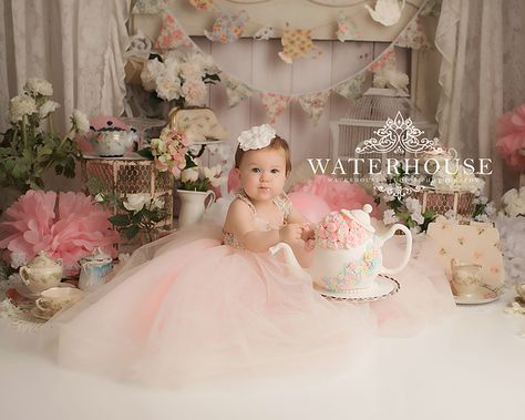 Tea Party Smash, Tea Party Cake Smash, Birthday, Pink, Cream, Cake Smash Inspiration, Girls Cake Smash, Tea Pot Cake Tea Party Cake Smash, Tea Party Photography, Cake Smash Inspiration, Cake Smash Theme, Baby Birthday Photoshoot, First Birthday Photography, Kids Tea Party, Tea Party Cake, Girls Cake