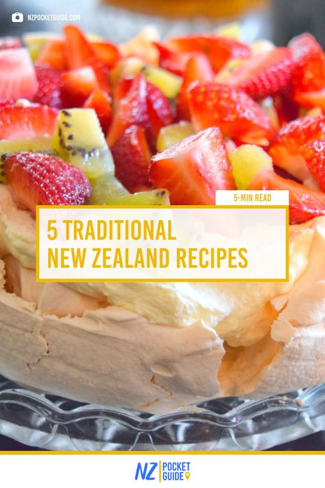 5 Traditional New Zealand Recipes New Zealand Recipes Traditional, New Zealand Food Recipes, New Zealand Recipes, New Zealand Cuisine, Onion Dip Recipe, Aussie Food, New Zealand Food, Toast In The Oven, Pavlova Recipe