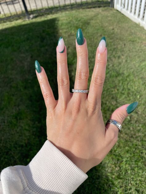 French Nails Forest Green, Forest Green And Silver Nails, Forest Green And White Nails, Cute Forest Green Nails, Forest Green Nails Acrylic Design, White And Forest Green Nails, Prom Nails Green Dress, Forest Green Nails Design, Forest Green Almond Nails