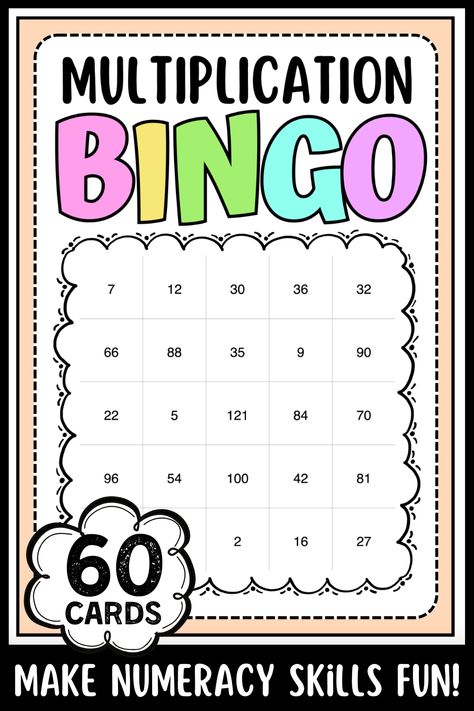 Engage students and make learning fun using Math Bingo cards! A fun way to practice multiplying whole numbers. With 60 cards in total, these resources are perfect for year-after-year use. Each version comes with 30 unique Bingo cards containing 25 practice problems, making learning interactive and exciting. No-prep, ready-to-print, and adaptable game rules offer a dynamic approach to practicing numeracy skills. Boost student engagement and make math fun with these interactive Bingo cards! Multiplication Bingo, Math Bingo, Make Math Fun, Whole Numbers, Game Rules, Math Multiplication, Math Practices, Numeracy, Bingo Cards