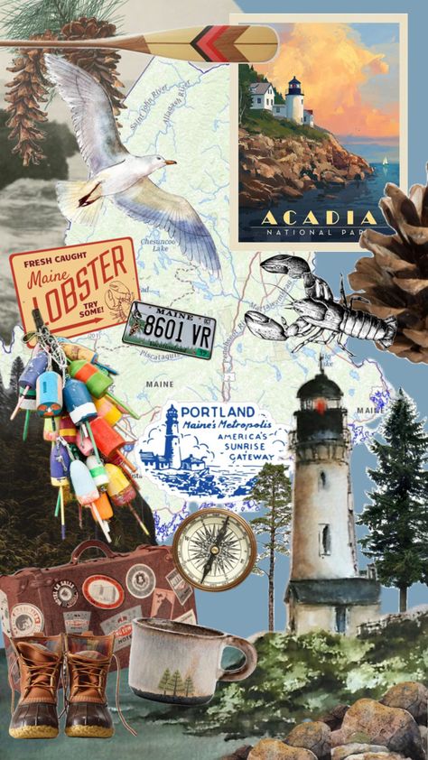 #maine #mainecoast #portland #acadianationalpark #acadia #nationalparks Maine Aesthetic, Maine In The Fall, Maine Road Trip, Travel Collage, Ocean Girl, Maine Coast, Fall Scrapbook, Collage Background, Portland Maine