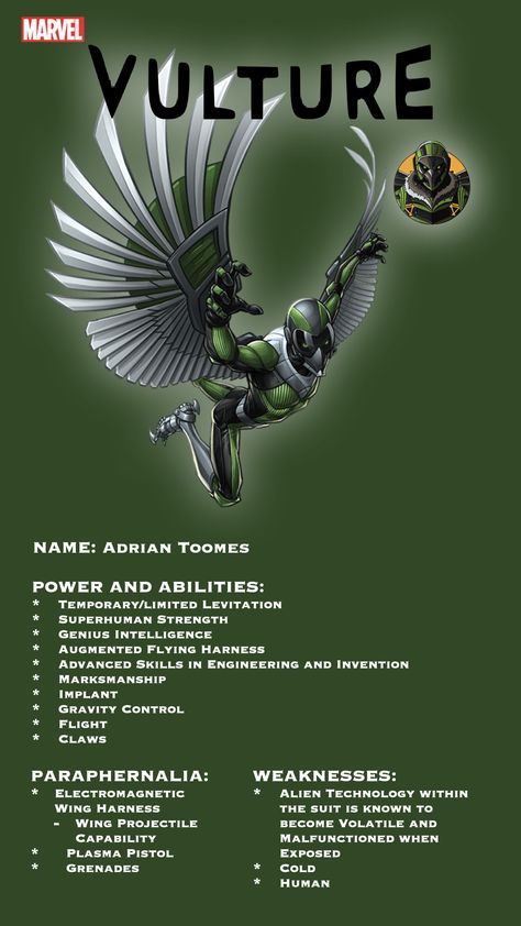 Vulture Marvel, Marvel Names, Character Info, Avengers Earth's Mightiest Heroes, Superhero Facts, Marvel Multiverse, Character Profiles, Marvel Cards, Marvel Heroines