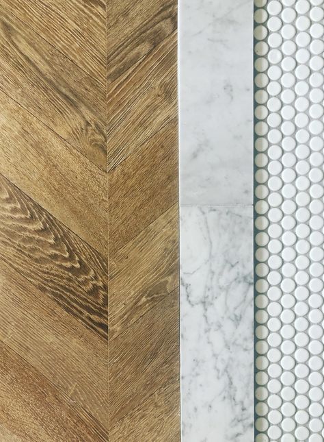 Tile To Wood Threshold, Wood To Tile Bathroom Transition, Herringbone To Tile Transition, Penny Tile Transition, Marble Threshold Bathroom, Penny Tile And Marble Bathroom, Marble Floor Transition, Marble Threshold Transition, Bathroom With Penny Tile Floor