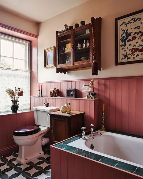 THE NOOK | Colour Matching Perfection 💖 • We love to use a mix of tones in most of our interiors, especially with our paint selection as it’s a... | Instagram Burgundy Bathroom, Small Downstairs Toilet, Palmer House, Red Bathroom, Downstairs Loo, Cottage Bathroom, Bathroom Red, Red Panels, Yellow Interior