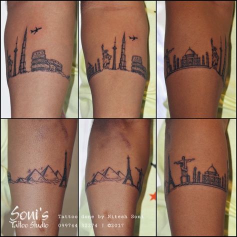 Wonders Tattoo Eiffel Tower Tattoo | Taj Mahal Tattoo | Statue of liberty Tattoo | CN Tower Tattoo | Burj Khalifa Tattoo | Gizah Pyramids Tattoo Armband Tattoo  Soni's Tattoo Studio  09974432274 #sonistattoo  Done at @sonistattoo Done by @nitesh_devi_soni Taj Mahal Tattoo Ideas, Burj Khalifa Tattoo, Taj Mahal Tattoo, Cn Tower Tattoo, Mahal Tattoo, Pyramids Tattoo, Eiffel Tower Tattoo, Tattoo Armband, Statue Of Liberty Tattoo