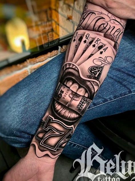 First Tattoo Ideas For Men Arm, Forearm Cover Up Tattoos, Poker Tattoo, Tattoo Mafia, Underarm Tattoo, Leg Sleeve Tattoos, Hand Tattoo Designs, Leg Tattoo Ideas, Half Sleeve Tattoos Forearm