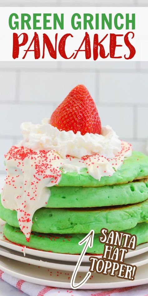 Grinch Pancakes, Pancakes Christmas, Ihop Pancakes, Christmas Pancakes, Christmas Breakfast Recipe, Grinch Party, Breakfast Party, Pancake Stack, Christmas Breakfast