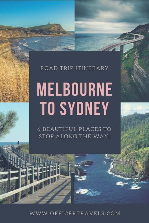 There’s so many beautiful places to stop between Melbourne and Sydney it’s hard to know where to choose! These are just 6 of our favourites. If you’re taking a road trip to Sydney or Melbourne any time soon, you’ll love these! | #roadtrip #vanlife #melbourne #visitNSW #victoriatourism #roadtripitinerary Australia Tourism, Australia Vacation, Australia Travel Guide, Tasmania Australia, Airlie Beach, Road Trip Itinerary, Cairns, Australia Travel, New South Wales