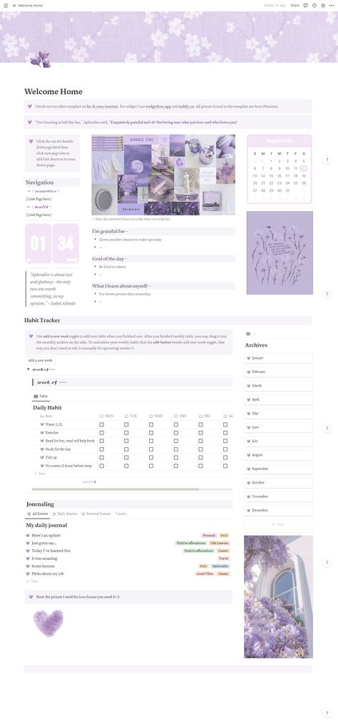 Free Lilac-themed General Dashboard #Notion Notion Template Ideas Purple, Notion Flashcards, Aesthetic Cover Page For Project, Purple Notion Cover, Purple Study Aesthetic, Notion Manifestation, Notions Template, Wellness Notion, Notion Purple