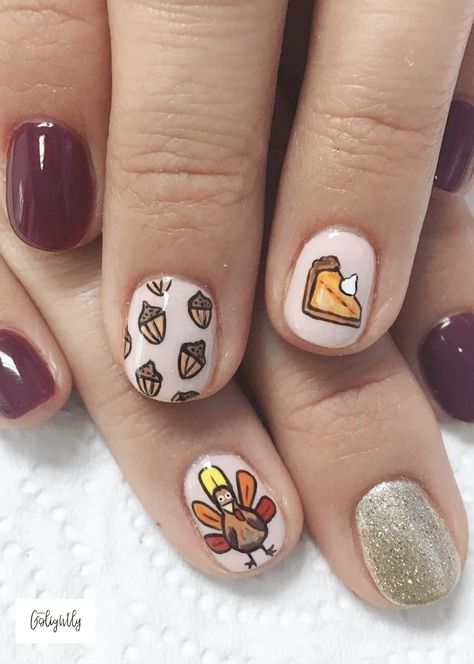 thanksgiving nail art designs ideas with acorns, pumpkin pie, and a turkey  #nailart #naildesigns #shortnails #nails #nailswag #gelnail #gelpolish #turkey #thanksgivingnails #acorns #pumpkinpienails Nails 23, Turkey Nails, Thanksgiving Designs, Food Nails, Thanksgiving Nail Designs, Thanksgiving Nail Art, Thanksgiving Nail, Polish Ideas, Fall Acrylic Nails