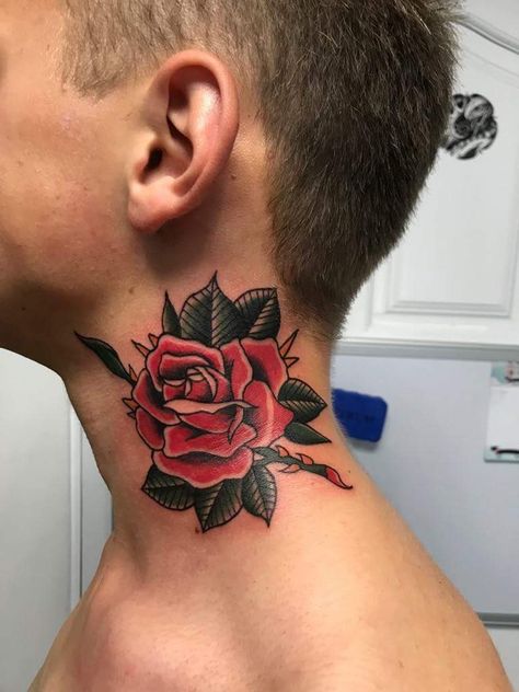 Traditional Rose Neck Tattoo, Flower Neck Tattoo Men, Rose Tattoo Men Neck, Rose Throat Tattoo Men, Rose On Neck Tattoo, Rose Neck Tattoo Men, Rose Tattoo On Neck, Neck Rose Tattoo, Rose Tattoo Neck