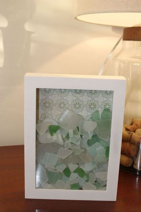 I like to showcase collections of my favourite things in my home. I have collected Sea Glass for many years but found the only way to display it was in a clear bowl. Unfortunately, this became a great dust collector so I decided to try something different and use a shadow box to add some colour to a recent bathroom remodel. I purchased a four pack of these little frames at Michael's. The frames come with a cardboard backing so it is necessary to add something for the background o… Glass Showcase, Fill The Frame, Clear Bowls, Beachy Decor, My Favourite Things, Sea Glass Art, Shadow Boxes, Found Object, The Common