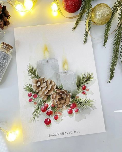 Christmas Watercolor Painting Ideas for Cards and More - Watercolour Workshop Watercolour Christmas Cards Ideas Watercolor Painting, Christmas Watercolor Painting, Watercolor Christmas Art, Ideas For Cards, Hand Painted Christmas Cards, Watercolor Candles, Watercolor Christmas Cards Diy, Diy Watercolor Cards, Xmas Drawing