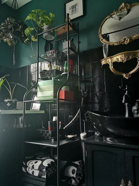 Dark Green Goth Bathroom, Gothic House Bathroom, Vintage Goth Home Aesthetic, Gothic Industrial Living Room, Gothic House Interior Bathroom, Gothic Green Bathroom, Victorian Gothic Decor Bathroom, Tropigoth Bathroom, Dark Fantasy Bathroom