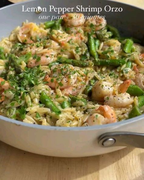 Clean Eat Feed | One Pan Lemon Pepper Shrimp Orzo by by @dishingouthealth Ready in 30 minutes and brimming with bright flavors for spring, this weeknight… | Instagram One Pan Lemon Pepper Shrimp Orzo, Lemon Shrimp Orzo Recipes, Lemon Pepper Shrimp Orzo, Shrimp And Orzo Recipes, Lemon Pepper Orzo, Shrimp Orzo Recipes, Orzo Shrimp, Lemon Pepper Shrimp, Shrimp Orzo