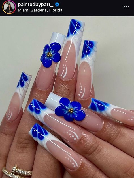 Asthmatic Nails, Cute Long Nails With Charms, Azul Nails Ideas, Pictures Of Nails, Nails Acrylic 3d Art Designs, Nail Designs Long Nails, Classy Acrylic Nails Short, Gel X Nail Designs Summer, Royal Blue Nails Flowers