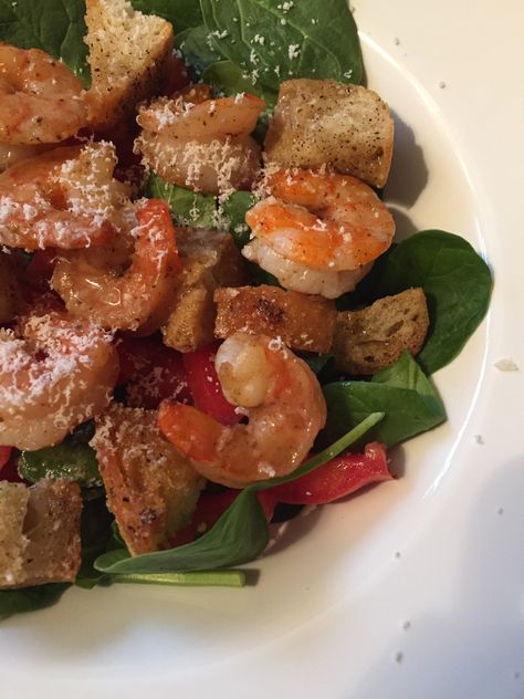 Shrimp And Spinach Salad, 1905 Salad Recipe, 1905 Salad, Shrimp And Spinach, Raw Shrimp, Vinegar Dressing, Croutons Homemade, Old Bay, Grilled Shrimp