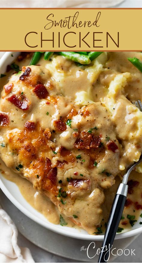 smothered chicken with crumbled bacon on a white plate and topped with gravy Smothered Chicken, Chicken Entrees, Chicken Main Dishes, Winner Winner, Chicken Meals, Winner Winner Chicken Dinner, Dinner Recipes For Family, Chicken Recipes Casserole, Chicken Dinners