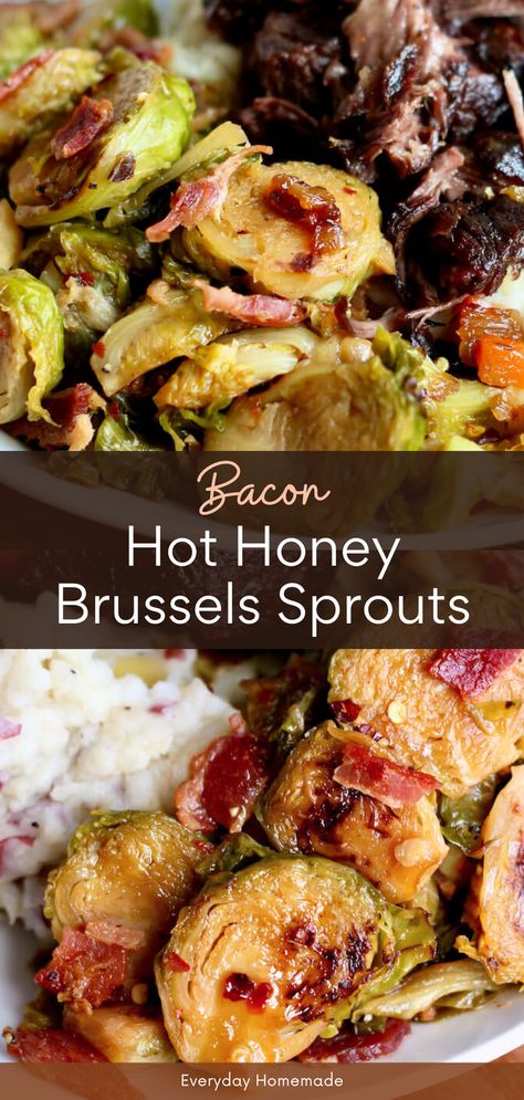 Elevate your fall food game with Bacon Hot Honey Brussels Sprouts! This recipe turns Brussels sprouts into a delightful side dish or fancy appetizer with the perfect blend of smoky bacon and spicy-sweet hot honey. Ideal for fall cooking and football gatherings, these sprouts bring a gourmet touch to any meal. Enjoy a delicious, crowd-pleasing treat this season! Cheese Brussel Sprout Recipes, Brussel Sprout Hot Honey, Brussel Sprout Recipes With Bacon Honey, Brussel Sprout Recipes With Parmesan, Braised Brussel Sprouts With Bacon, Burnt Brussel Sprouts Recipe, Bacon Entree Recipes, Brussel Sprouts And Bacon Recipes, Brussels Sprouts With Bacon And Balsamic