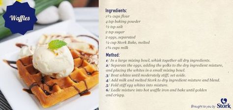 Stork Easy Baking - Waffle Recipe Stork Recipes, Latin American Spanish, Waffle Recipe, Photography Jobs, South African Recipes, Kraft Recipes, Cooking Salmon, Baking Sweets, Waffle Recipes