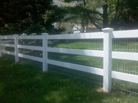 White Farm Fence, Fence With Wire, Horizontal Fences, Sliding Fence Gate, White Fence Farm, Dog Fencing, Hedges Landscaping, Farm Fencing, Backyard Fence Decor