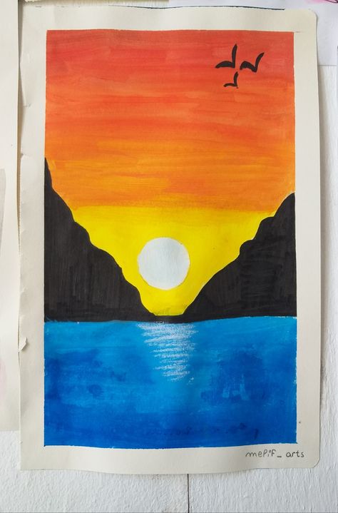 Painting Sunrise Easy, Sunset Aesthetic Drawing Easy, Sunset Simple Painting, Easy Pastel Art For Beginners, Easy Acrylic Painting Ideas Sunset, Pictures To Paint On Canvas Simple, Lukisan Sunset Simple, Easy Water Coloring Ideas For Beginners, Easy Paintings Sunset