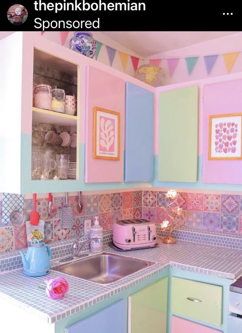 Colorful Kitchen Aesthetic, Maximalist Pastel, Mobile Home Interior, Skyrim House, Electric Aesthetic, Y2k Maximalist, Pretty Apartments, Rainbow Kitchen, Apartment Needs