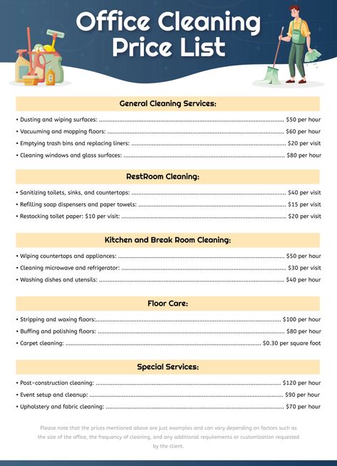 Commercial Cleaning Services Price List Free Google Docs Template Office Cleaning Price List, Cleaning Company Names Ideas, Cleaning Business Price List, Cleaning Business Tips, Cleaning Price List, Cleaning Buisness, House Cleaning Prices, Cleaning Binder, Cleaning Prices