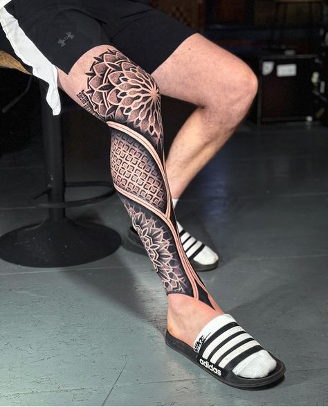 Mandala Tattoo Men Leg, Leg Tattoo Design For Men, Leg Tattoo Men Design, Leg Mandala Tattoo, Geometric Tattoo Leg Sleeve, Mandala Leg Tattoo, Tattoo Maori Perna, Mandala Tattoo Leg, Geometric Tattoo Leg