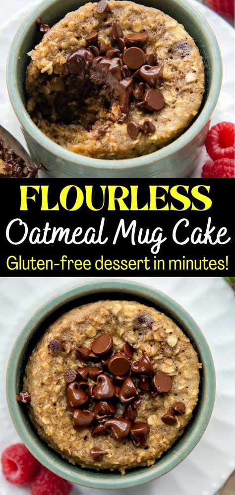 Looking for an easy gluten-free treat to make in minutes? Whip up this fluffy oatmeal cake in a mug with no flour required, only oats! Using my simple hack, stirring halfway through, means a light, fluffy, yet moist, texture every time! Oat mug cakes use simple ingredients, right in your kitchen, so you can enjoy this dessert (or breakfast) right now, in only 2 minutes! Oatmeal Bake Dessert, Banana Oat Mug Cake Microwave, Mug Oatmeal Breakfast, Baked Oats Mug Cake, Microwave Mug Breakfast, Easy Microwave Mug Recipes, One Minute Mug Cake, Banana Oatmeal Mug Cake, Banana Oat Mug Cake