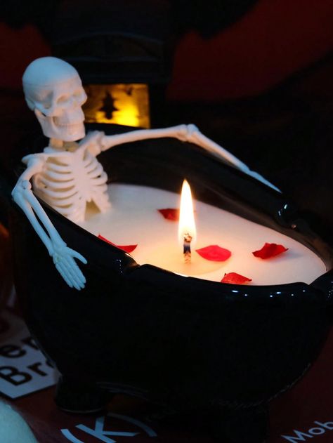 Unique Skeleton Halloween Candle✦Are you still looking for something special for your Halloween party decorations? Our this unique Halloween candle can be your fantastic indoor decor idea! Scary and exquisitely detailed skeleton is taking a "milk bath" with rose petals, (note: milk bath is soy wax, not real milk). When you light up the candle, you can see the skeleton lying in that cute bathtub with a romantic cozy but creepy feeling, which is a perfect decoration for a Halloween themed party! Cute & Scary Original Design✦Our new designed gothic style candle is terrifying and realistic, it is not only a decoration idea, also a cute lavender scented candle, you can light it up in your bathroom when you taking a relaxing bath. You also can reuse that bathtub as ashtray after the wax burned o Gothic Decorations Party, Cute Bathtub, Pool Noodle Candles, Special Candles, Cool Candles, Skeleton Candle, Vampire Decor, Blood Candles, Skeleton Candles