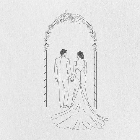 Christian Wedding Drawing, Drawing Bride And Groom, Wedding Drawings Couple, Wedding Drawing Ideas, Wedding Portrait Illustration, Wedding Drawing Easy, Wedding Sketch Couple, Bride And Groom Doodle, Bride And Groom Drawing