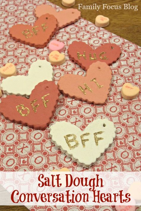 Fun Valentine's Day Craft to do with the kids. How to make salt dough conversation hearts. Salt Dough Valentines, Winter Valentines, Cute Conversation, Valentine Card Crafts, Salt Dough Recipe, Conversation Hearts Candy, Valentine Art, Heart Craft, Valentine Craft