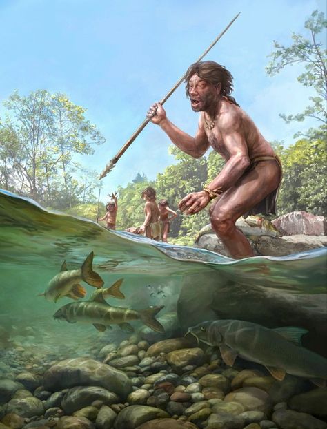 During the Mesolithic, humans learned to hunt and fish in groups. They built boats and canoes and constructed the first wooden trackways that allowed them to safely cross wetlands. Early Humans Pictures, Paleolithic People, Mesolithic Age, Prehistoric Humans, Stone Age People, Stone Age Man, Stone Age Art, Paleolithic Era, Spear Fishing