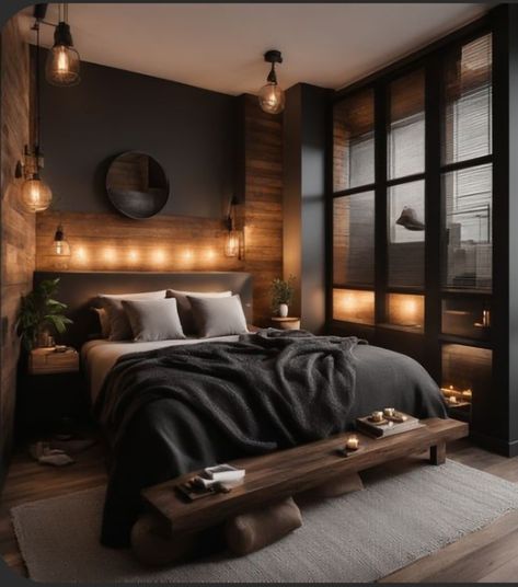 Slate Gray Bedroom Ideas, Moody Cabin Bedroom, Men Apartment Aesthetic, Bedroom Ideas For Married Couples, Dark Minimalist Bedroom, Minimalist Bedroom Decor, Moody Bedroom, Minimalist Bedroom Design, Black Bedroom