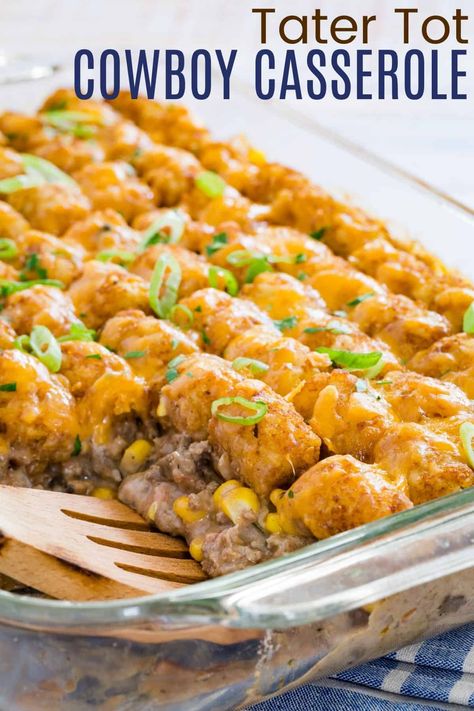 Enjoy the perfect blend of flavors in this Gluten-Free Tater Tot Cowboy Casserole! Ground beef, corn, and mushrooms in a creamy tomato sauce are covered with crispy tater tots and melted cheddar cheese. It’s an easy and delicious dinner option that’s sure to become a family staple. Cowboy Casserole Recipe, Gluten Free Recipes Side Dishes, Gluten Free Comfort Food, Cowboy Casserole, Tater Tot Recipes, Tater Tot Casserole Recipes, Easy Summer Dinners, Gluten Free Sides Dishes, Tot Casserole