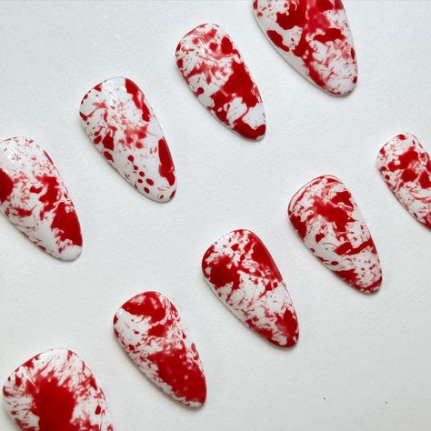 Blood splatter 🩸 Dexter vibes - - - - #pressonnails #nails #dexter #halloween #halloweennails Halloween Nails Blood Splatter, Dexter Nails, Halloween Nails Blood, Dexter Halloween, Blood Splatter Nails, Splatter Nails, Blood Splatter, Nails Inspo, Dexter