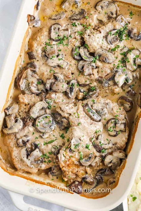 Mushroom Pork Chops {Oven Baked!} - Spend With Pennies Pork Chops Oven Baked, Oven Pork Chops, Pan Seared Pork Chops, Baked Pork Chops Oven, Mushroom Pork Chops, Breaded Pork Chops, Seared Pork Chops, Baked Mushrooms, Pork Chop Recipes Baked