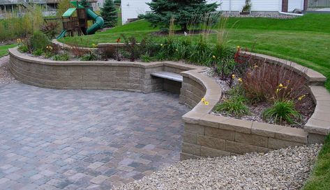 Backyard With Retaining Wall, Patio Retaining Wall Ideas, Cobblestone Backyard, Patio With Retaining Wall, Patio Retaining Wall, Cobblestone Patio, Backyard Retaining Walls, Outdoor Patio Ideas Backyards, Backyard Covered Patios