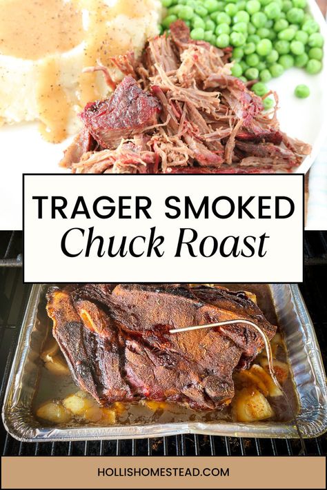 Shredded Beef Chuck Roast Trager Smoked on a white plate on top and a roast in an aluminum pan on the grill on the bottom. Smoked Beef Chuck Roast, Smoked Beef Roast, Grilled Roast Beef, Chuck Roast Recipe, English Roast, Smoked Chuck Roast, Rolled Roast, Chuck Roast Recipes, Beef Tenderloin Roast