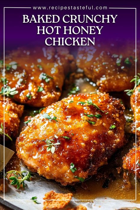 This Baked Crunchy Hot Honey Chicken features juicy chicken breasts coated in a crispy cornflake crust and drizzled with a sweet and spicy honey glaze. Perfect for a family dinner or a casual gathering! Baked Crunchy Hot Honey Chicken, Crunchy Hot Honey Chicken, Honey Glazed Chicken Breast, Honey Chicken Breast, Juicy Chicken Breast Recipes, Spicy Chicken Breast, Crispy Honey Chicken, Hot Chicken Recipe, Glazed Chicken Breast