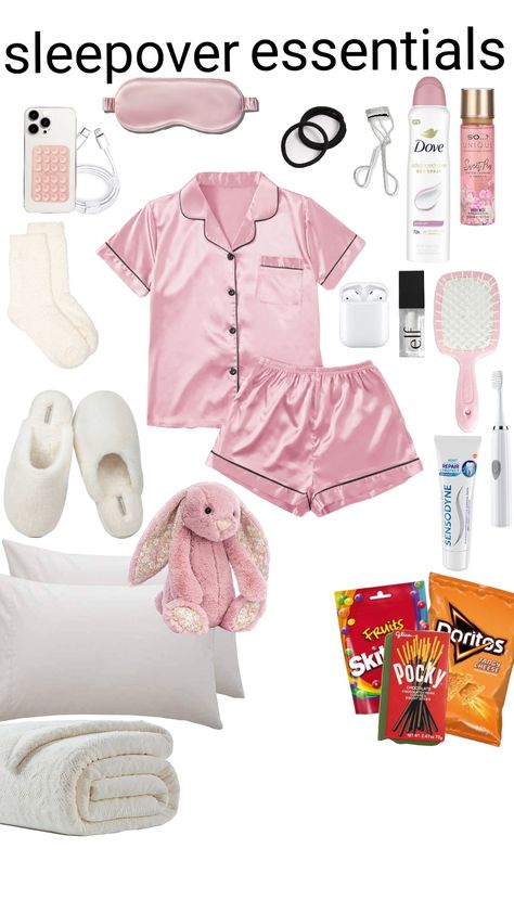 #sleepover #sleepoveressentials #slumberparty #sleep #essentials #aesthetic #pyjamas #cute #pink #pinkaesthetic #white #cream Sleepover Pink Aesthetic, Sleepover Pyjamas, Sleepover Clothes, Aesthetic Pyjamas, Pyjamas Cute, Pajama Party Outfit, Sleepover Essentials, Sleep Essentials, Essentials Aesthetic