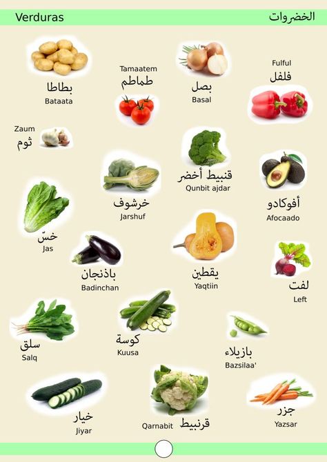 Verduras | Arabic language, Learn arabic online, Teach arabic Name Of Vegetables, Fruit Names, Learn Arabic Online, Arabic Worksheets, Arabic Phrases, Teach Arabic, Learn Arabic Alphabet, Arabic Lessons, Quran Translation