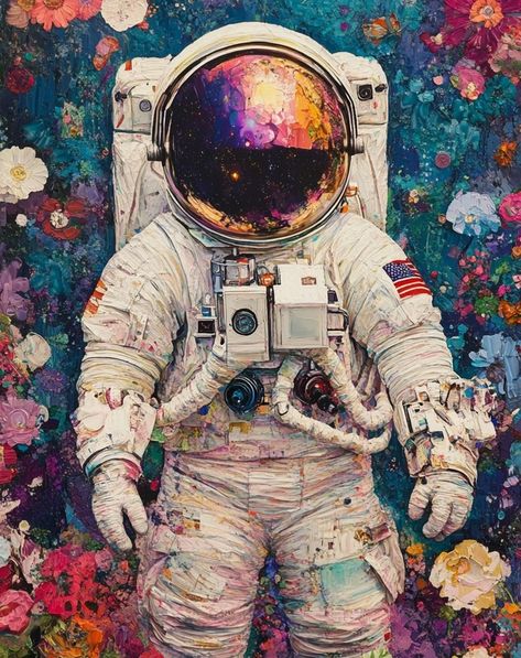 A magical and colorful astronaut, with a background of endless floral blooms in the universe. The astronaut's colors are brilliant, and the helmet's reflection reflects the splendor of the universe Astronauts Wallpaper, Colorful Astronaut, Diwali Wallpaper, Superman Wallpaper, Astronaut Helmet, Astronaut Wallpaper, Warriors Wallpaper, Wallpaper For Your Phone, Angels And Demons